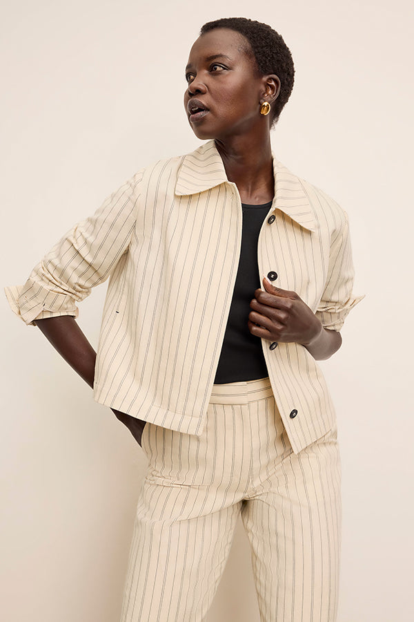 front image of a woman wearing the nicky jacket in linen stripe | Exclude | Grid
