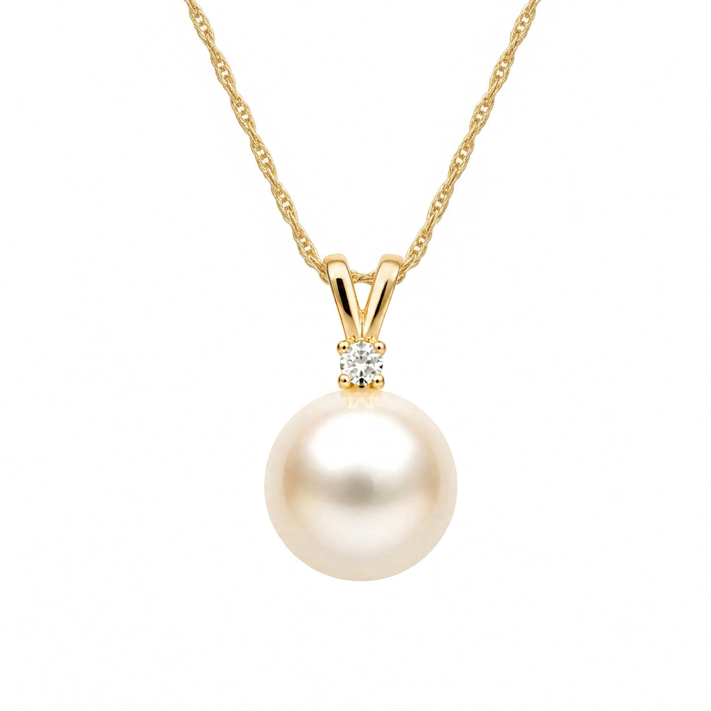 Round Pendant Necklace - Diamond Accent | 14K Yellow Gold | White Freshwater Pearl | 8mm - 9mm | 18"