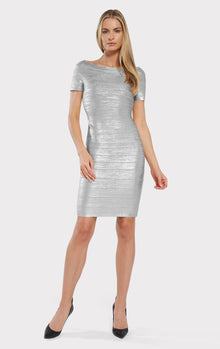 Off Shoulder Bandage Dress Foil | Silver Foil