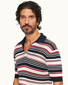 Matchstick/Night Iris Crochet Stripe Mercerised Organic Cotton Polo Shirt | Matchstick/Night Iris