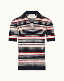 Matchstick/Night Iris Crochet Stripe Mercerised Organic Cotton Polo Shirt | Matchstick/Night Iris