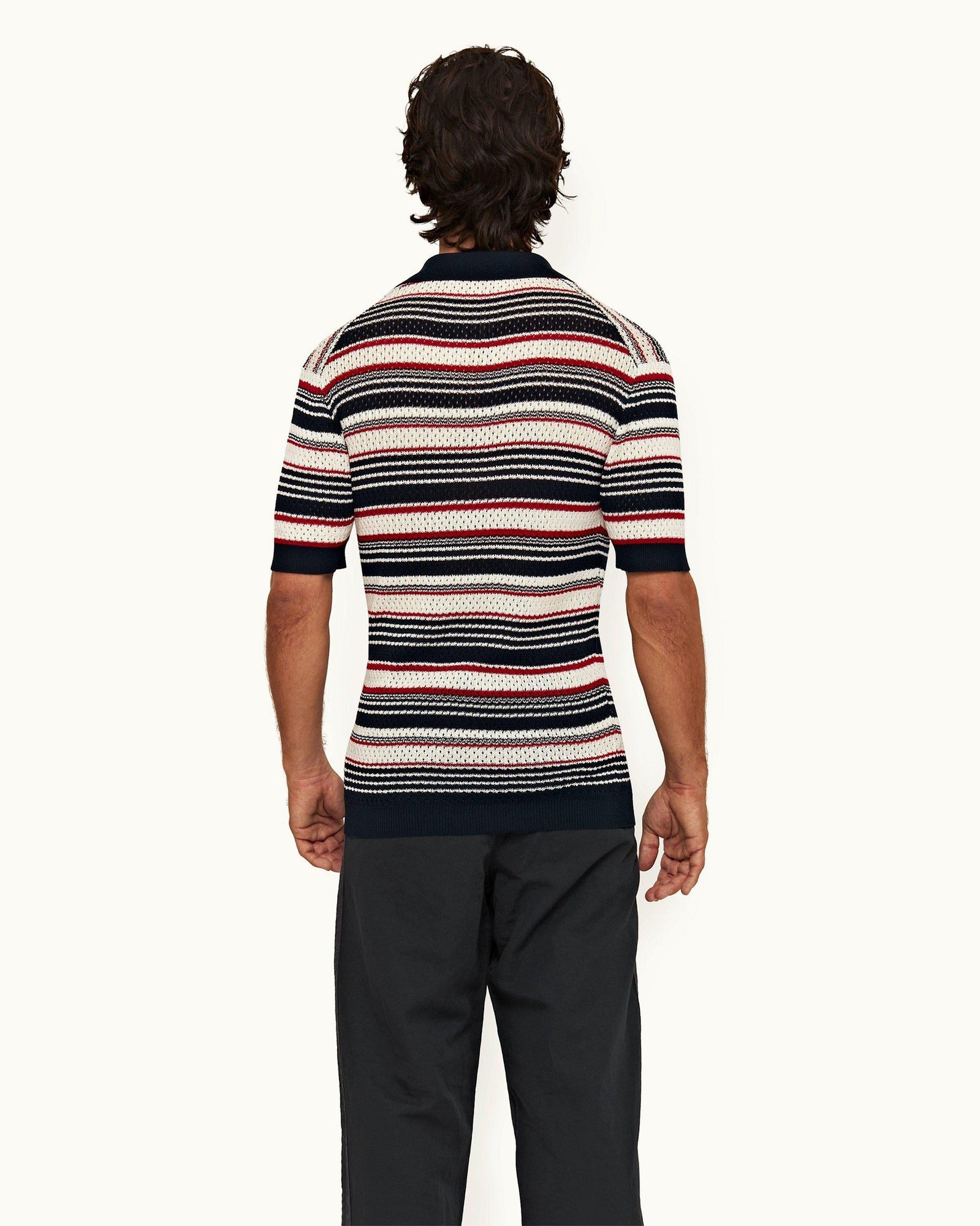 Matchstick/Night Iris Crochet Stripe Mercerised Organic Cotton Polo Shirt | Matchstick/Night Iris