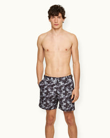 Bulldog Blossom Print Mid-Length Swim Shorts In Piranha Grey | Piranha Grey