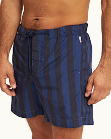 Dark Sapphire Mix Stripe Drawcord Mid-Length Swim Shorts | Dark Sapphire
