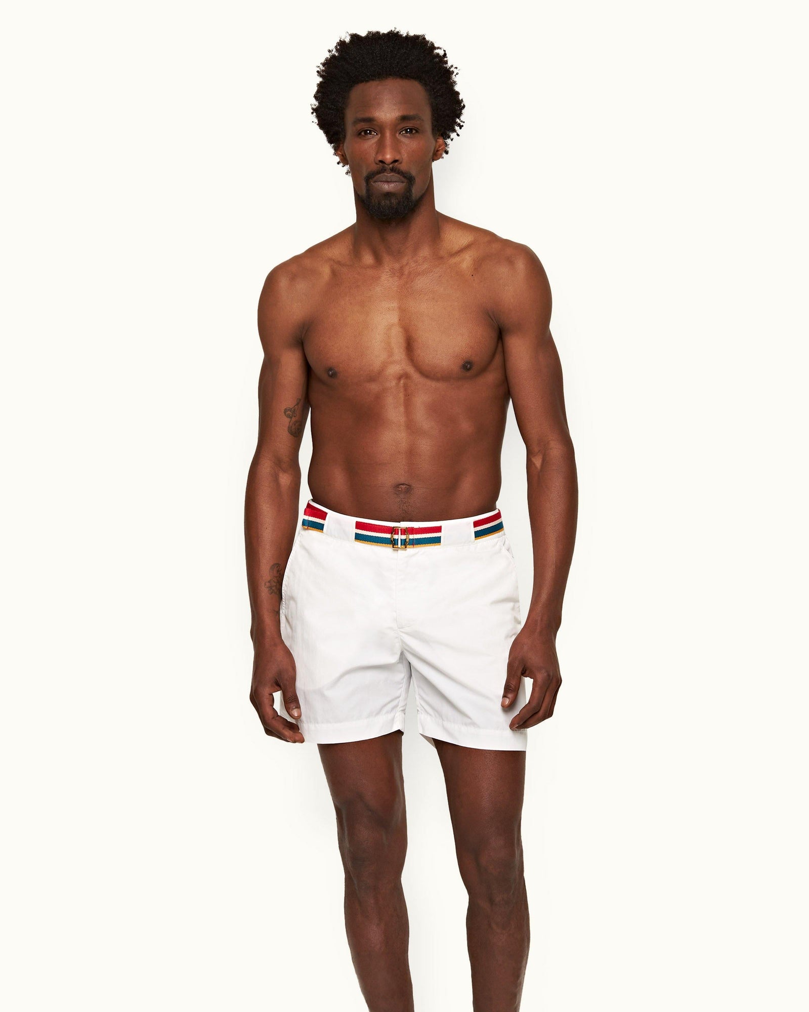 White O.B Stripe Belt Mid-Length Swim Shorts | White