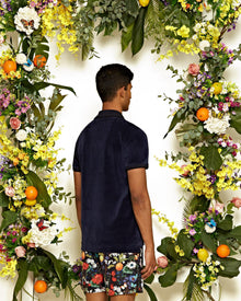 Clive Towelling Navy Cotton Linen Towelling Polo Shirt | Navy