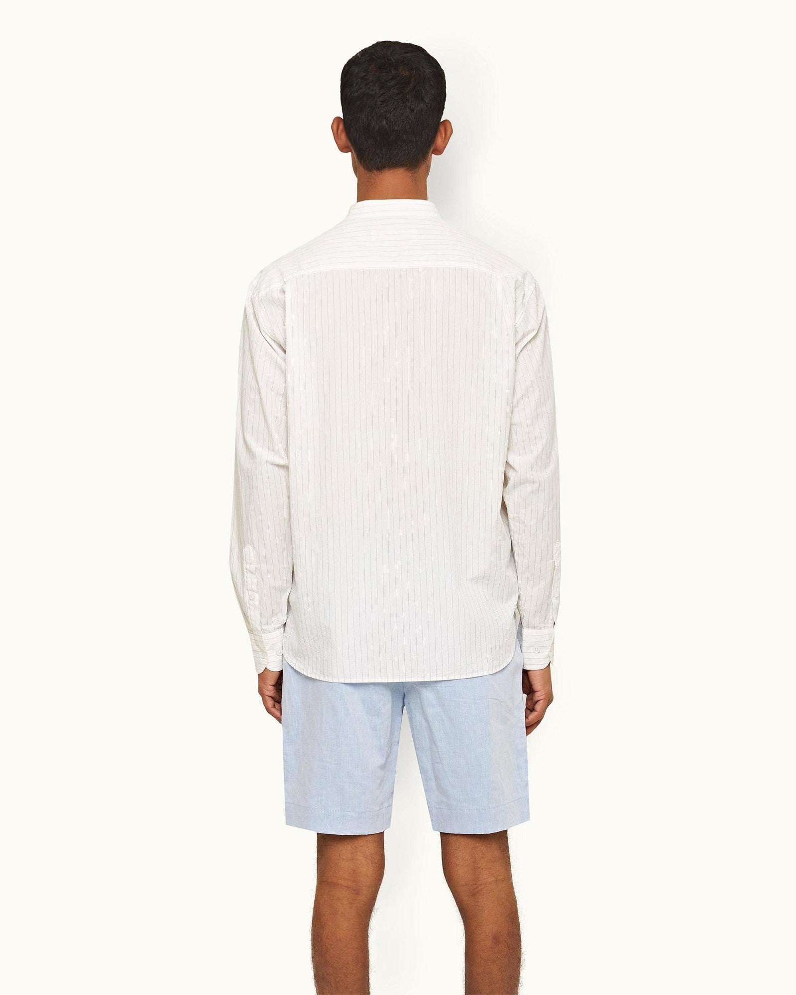 White Pinstripe Grandad Collar Cotton Shirt | White