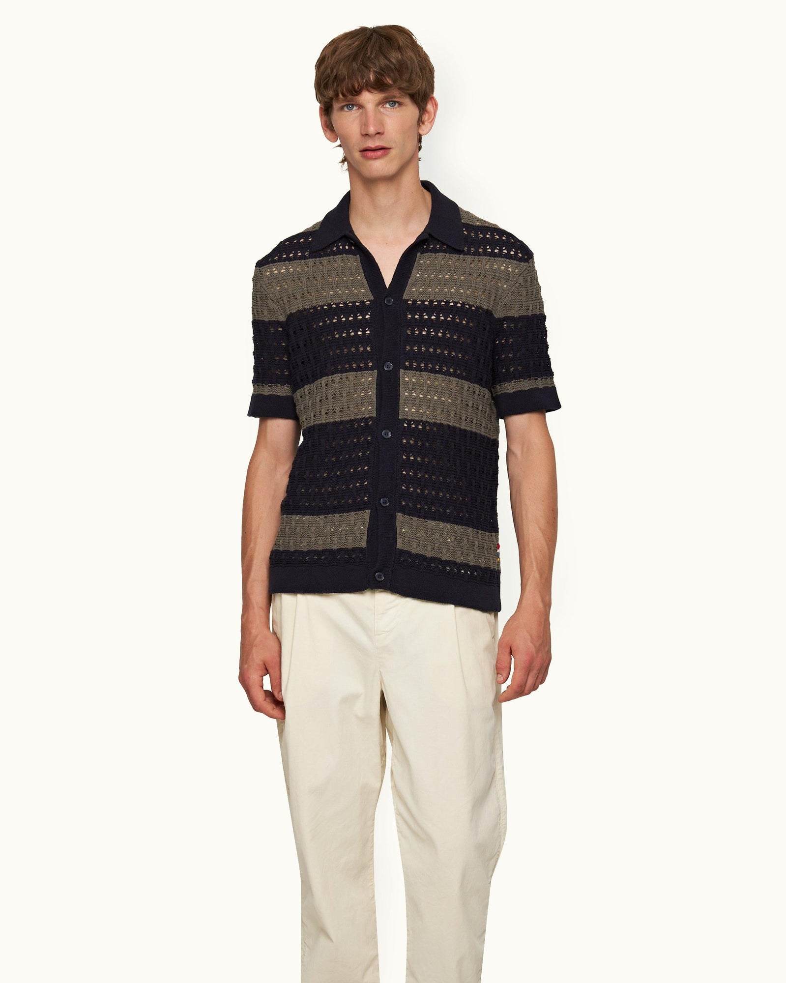 Midnight Navy/Grey Stripe Crochet Knit Shirt | Midnight Navy/Grey