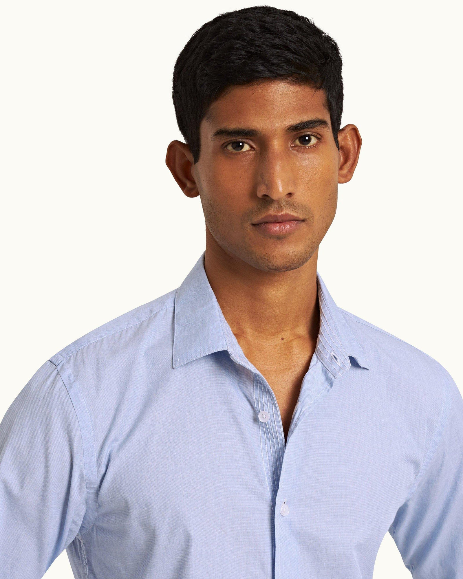 Ice Blue/White Tailored Fit Classic Collar End-on-End Cotton Shirt | Ice Blue/White