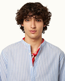 Ice Blue/White Grandad Collar Classic Stripe Shirt | Ice Blue/White