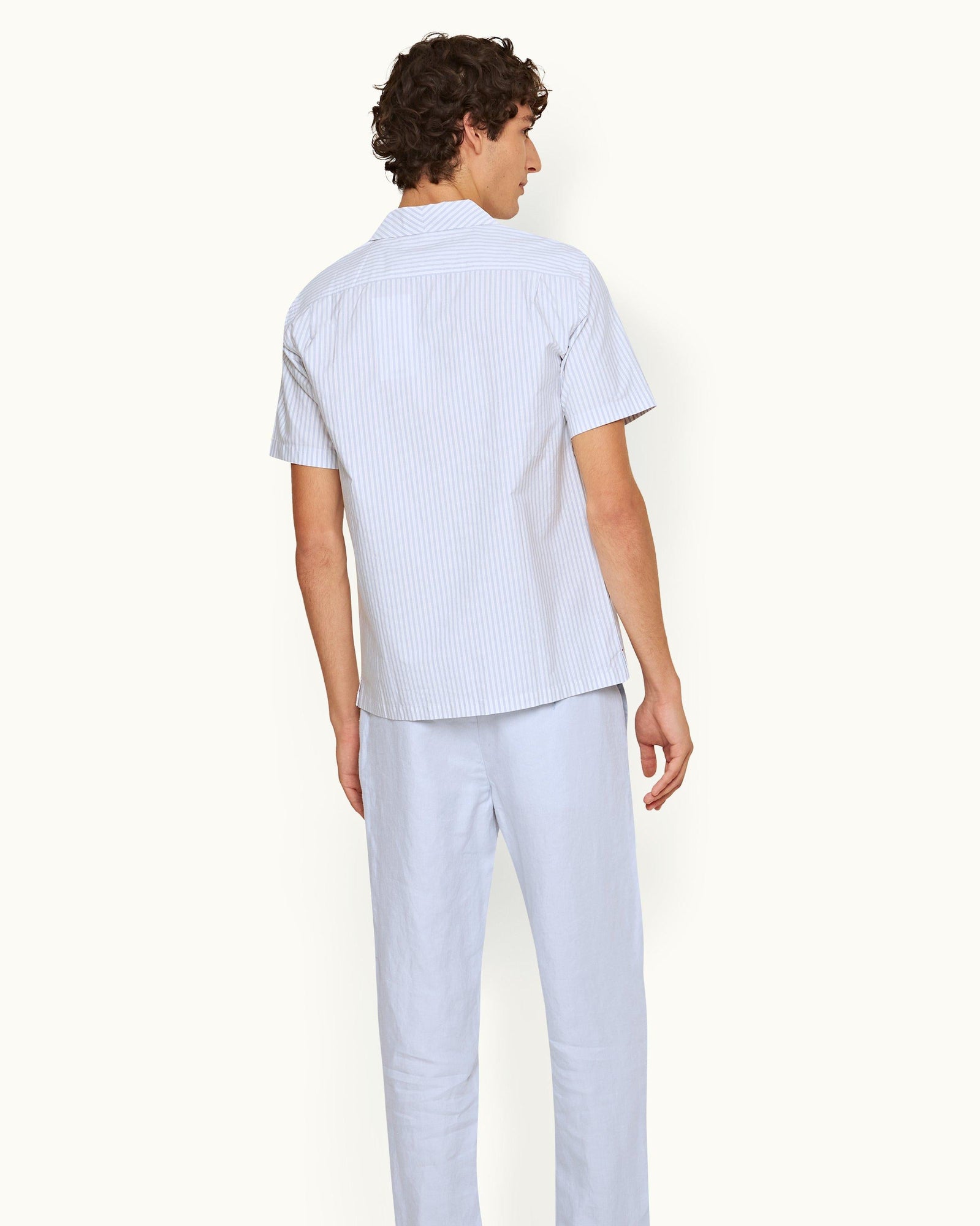 Light Island Sky/White Stripe Palm Embroidery Capri Collar Cotton Shirt | Light Island Sky/White