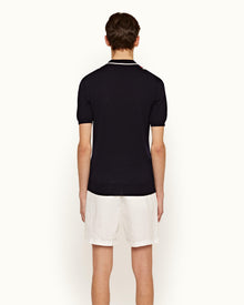 Horton Merino Navy Tailored Fit 2-Colour Stripe Merino Polo Shirt | Navy