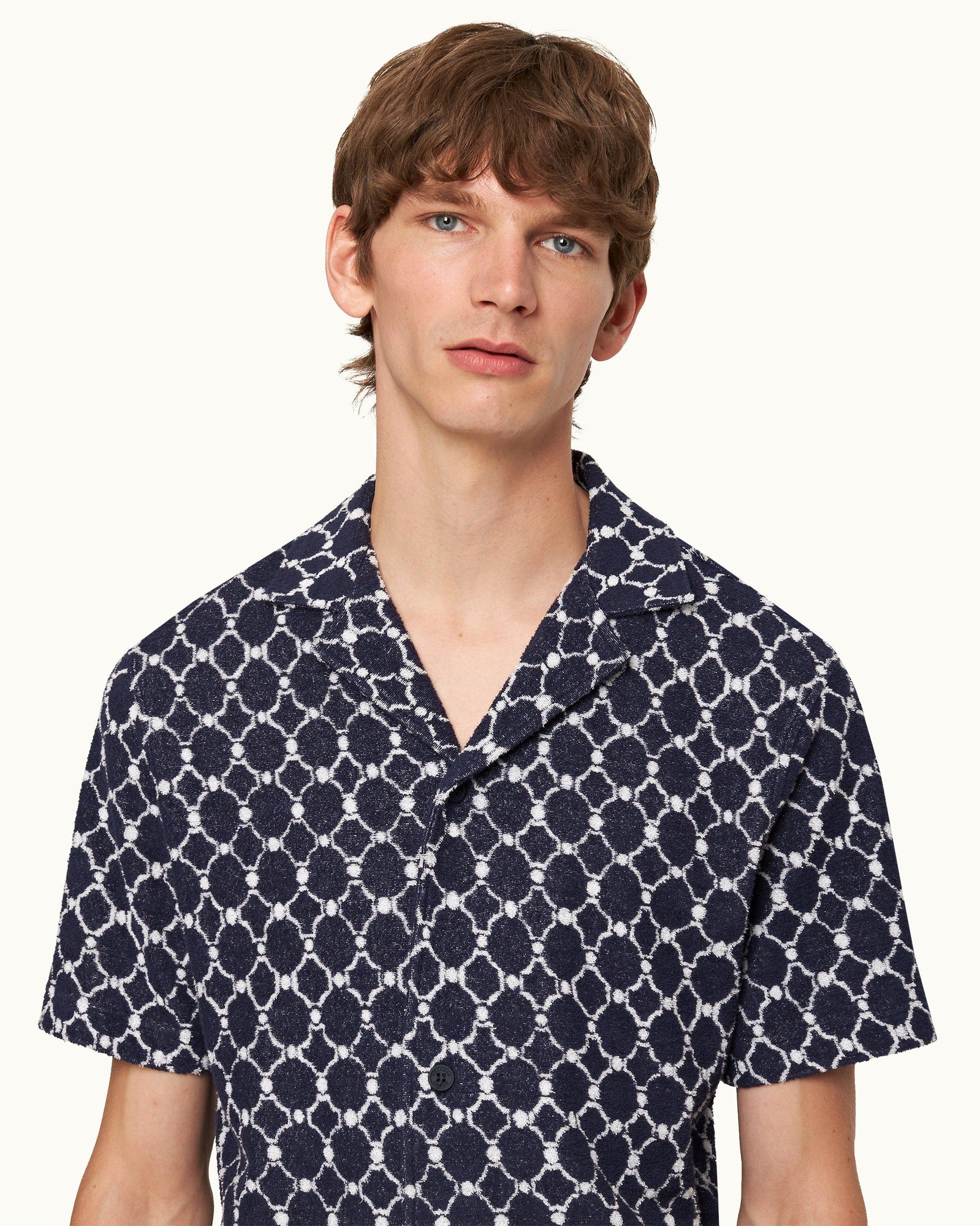 Howell Towelling Midnight Navy Geometric Tile Relaxed Fit Towelling Shirt | Midnight Navy