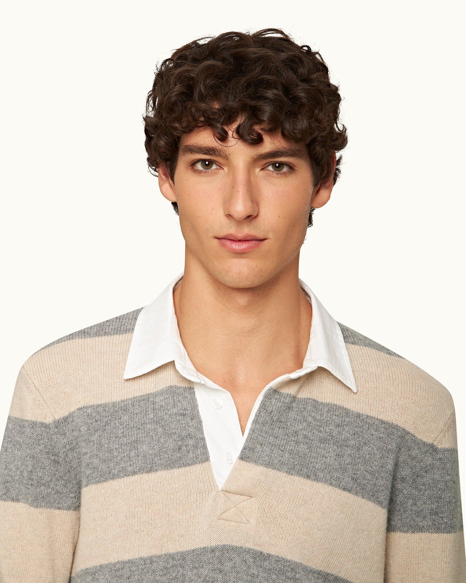 Granite Stripe Merino Knit Long-Sleeve Polo Shirt | Granite