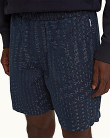 Indigo Solo Pastiche Relaxed Fit Drawcord Denim Jacquard Shorts | Indigo