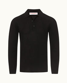 Black Classic Fit Long-Sleeve Mercerised Cotton Polo Shirt | Black