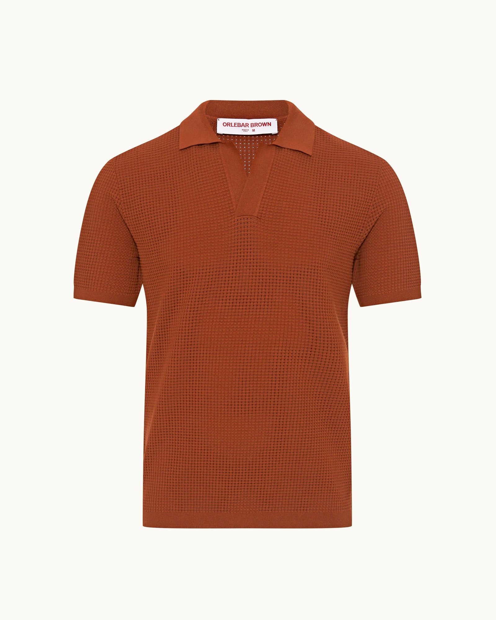 Roddy Tailored Fit Waffle Mesh Stitch Polo Shirt Knitted In Italy in Cinnamon Coffee colour | Cinnamon Coffee