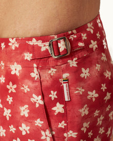 Setter Budding Life Print Shorter-Length Swim Shorts Woven In France in Cinnamon Summer Red colour | Cinnamon Summer Red