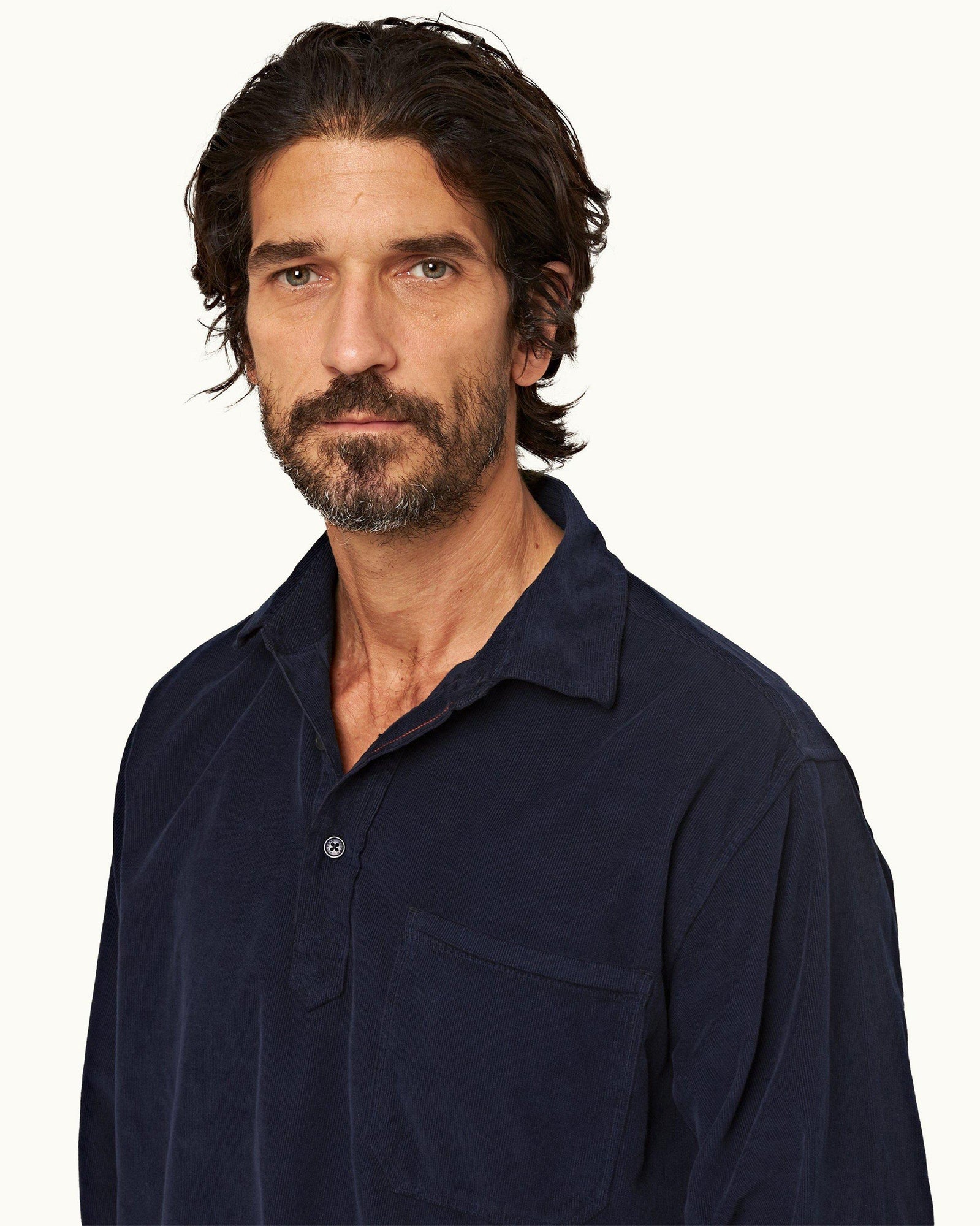 Midnight Navy Cord Easy Fit Cotton Overhead Shirt | Midnight Navy