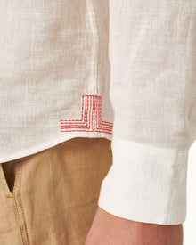 Linen Tonal Stripe Relaxed Fit Overhead Shirt Woven In Italy in Thasos Beach colour | Thasos Beach