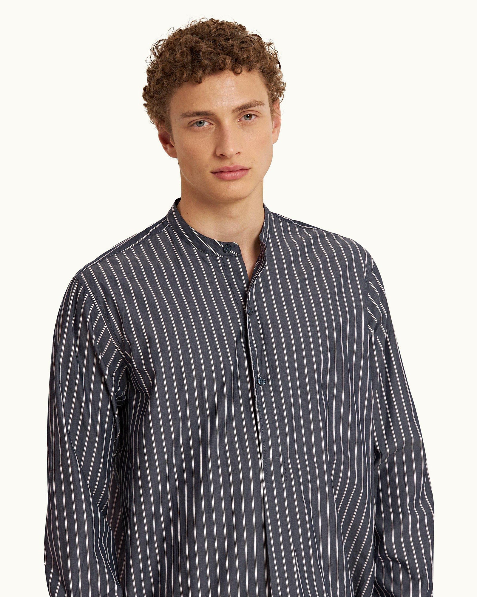 Midnight Navy Pinstripe Relaxed Fit Grandad Collar Cotton Nightshirt | Midnight Navy