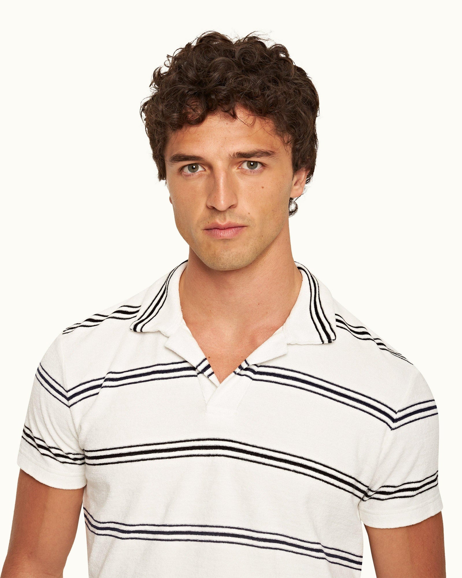 White Sand/Night Iris Twin Stripe Tailored Fit Towelling Resort Polo Shirt | White Sand/Night Iris