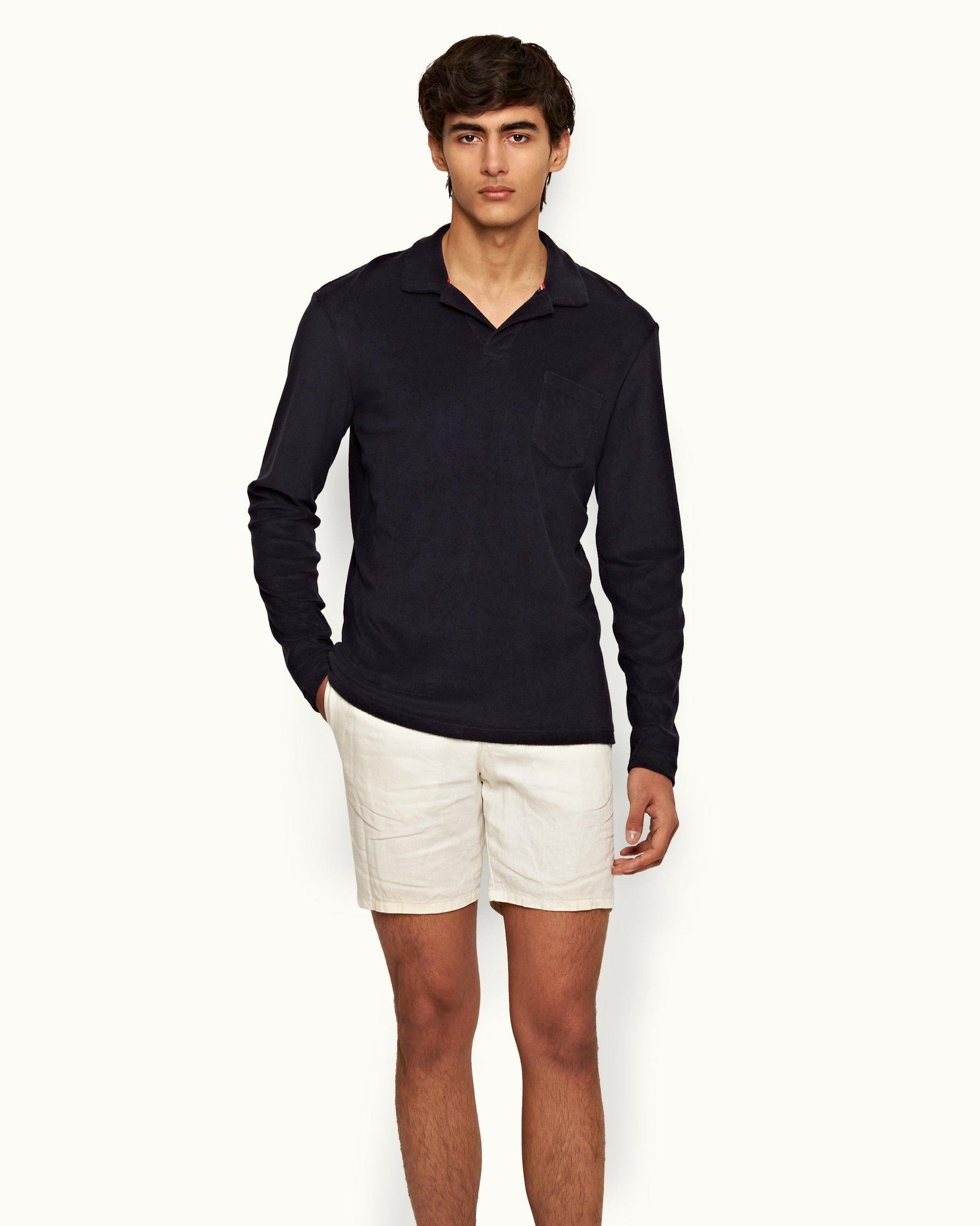 Terry Towelling Night Iris O.B Stripe Tailored Fit Long-Sleeve Towelling Resort Polo Shirt | Night Iris