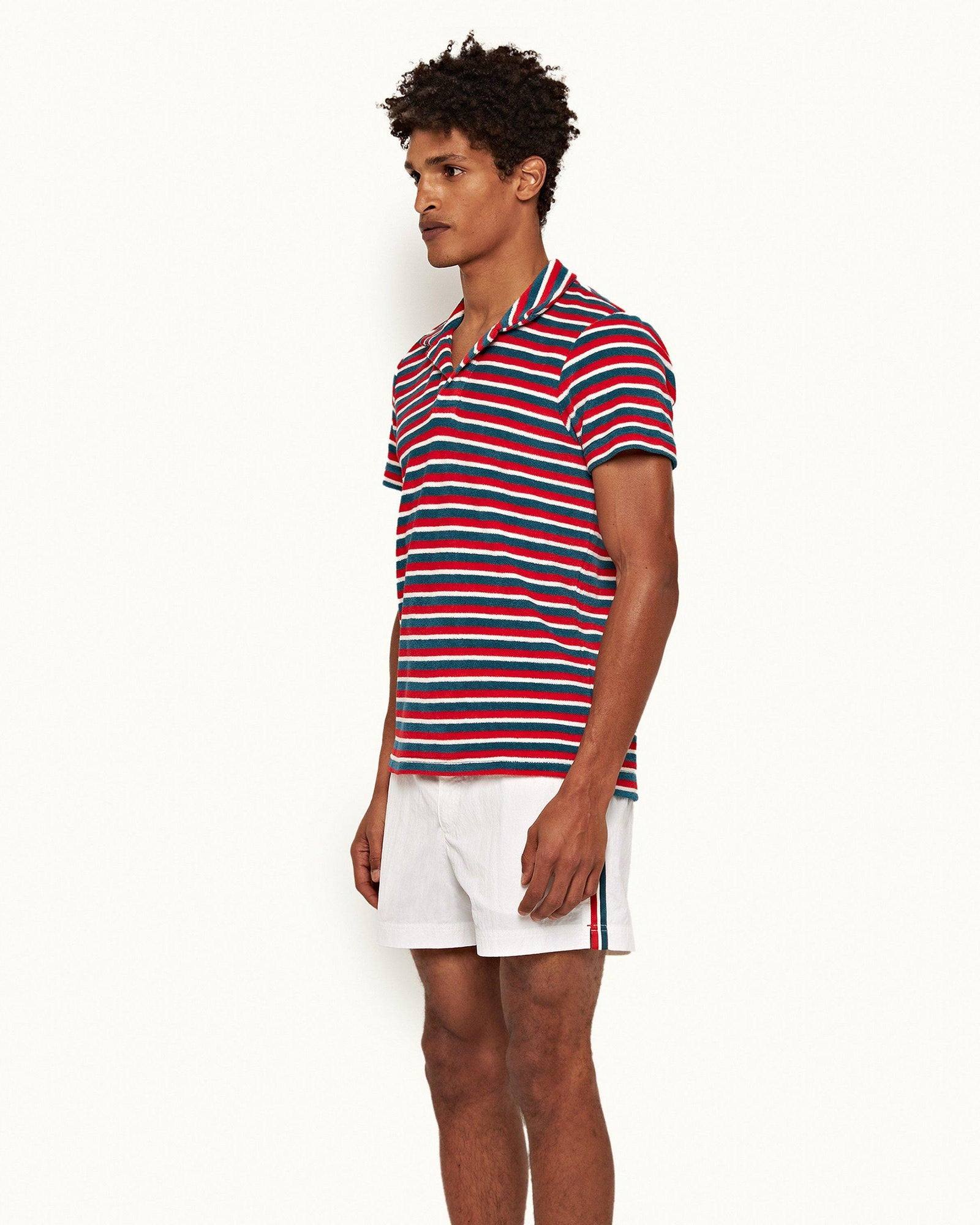 Terry Towelling Summer Red/Marina Aqua O.B Stripe Resort Polo Shirt | Summer Red/Marina Aqua