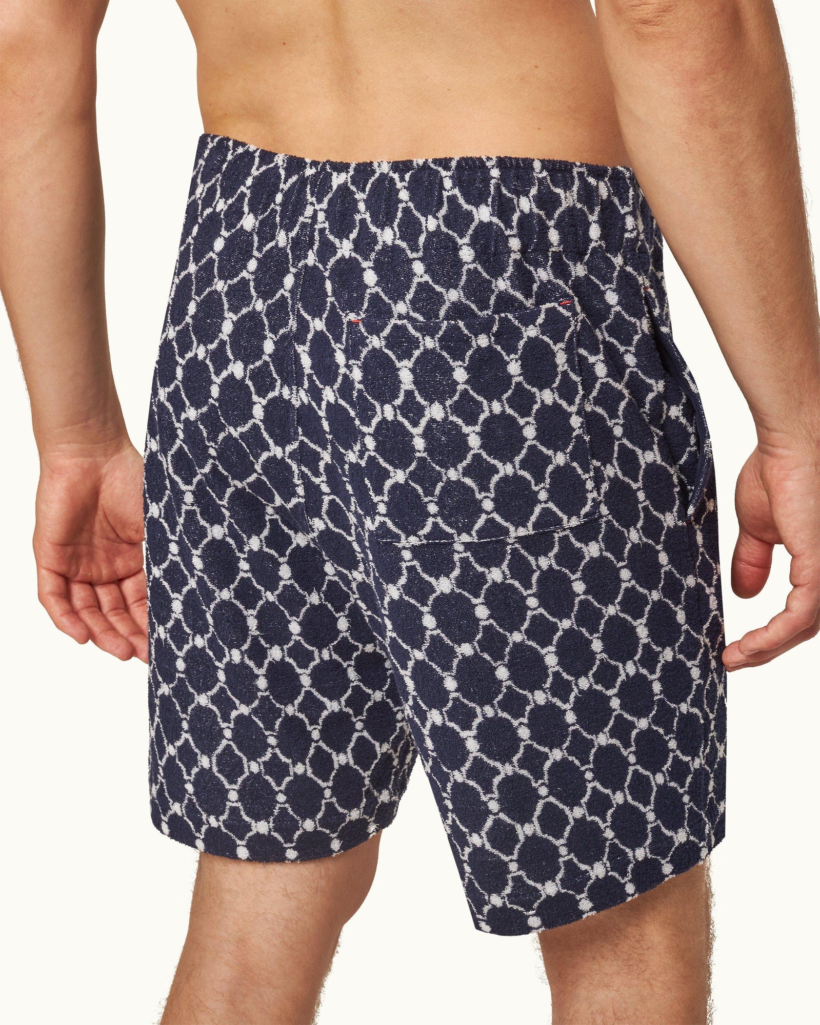 Trevone Towelling Midnight Navy Geometric Tile Towelling Sweat Shorts | Midnight Navy