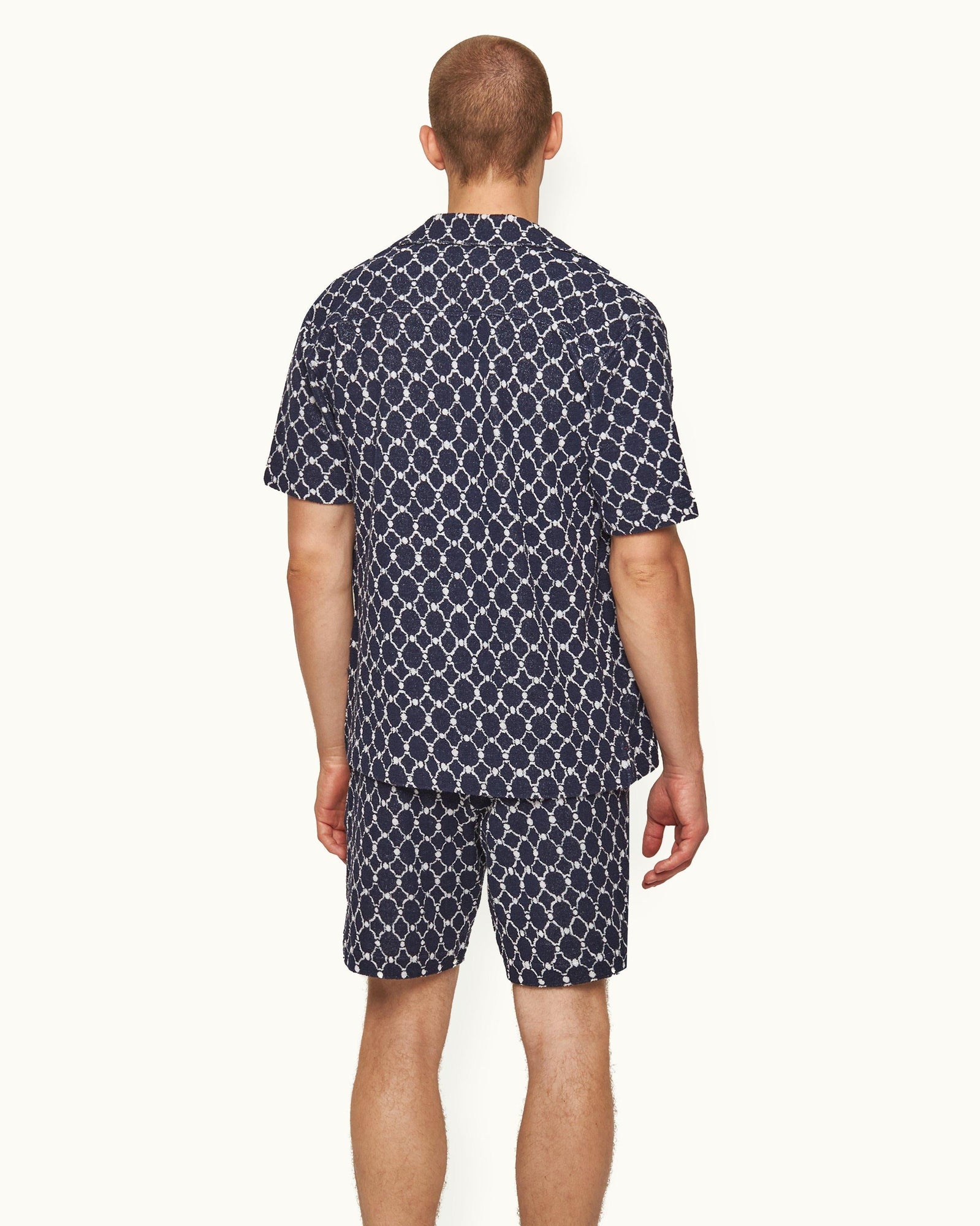Trevone Towelling Midnight Navy Geometric Tile Towelling Sweat Shorts | Midnight Navy