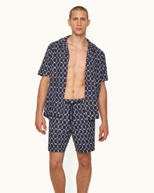 Trevone Towelling Midnight Navy Geometric Tile Towelling Sweat Shorts | Midnight Navy