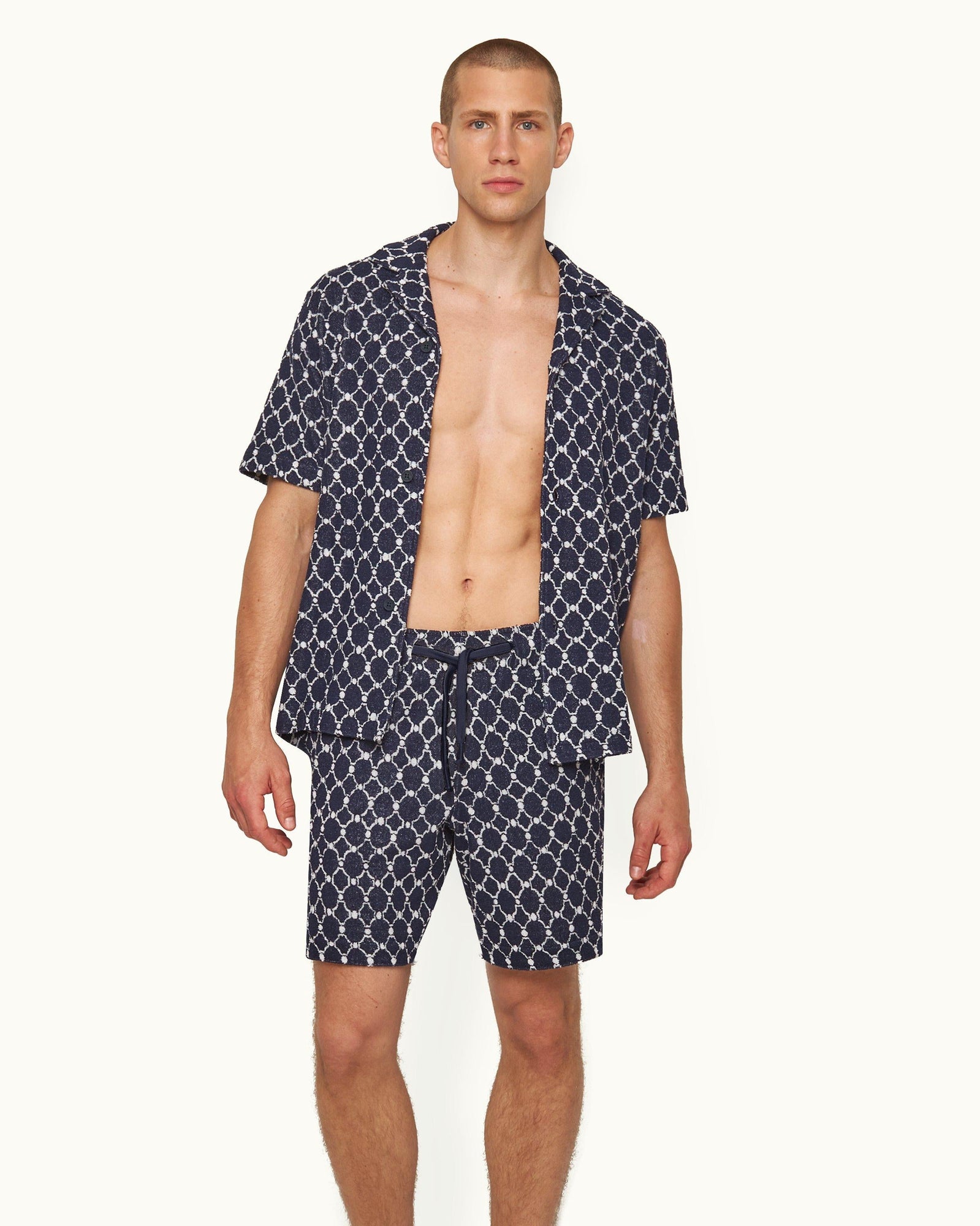 Trevone Towelling Midnight Navy Geometric Tile Towelling Sweat Shorts | Midnight Navy