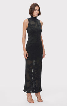 Sheer Jacquard S/L Gown | Black