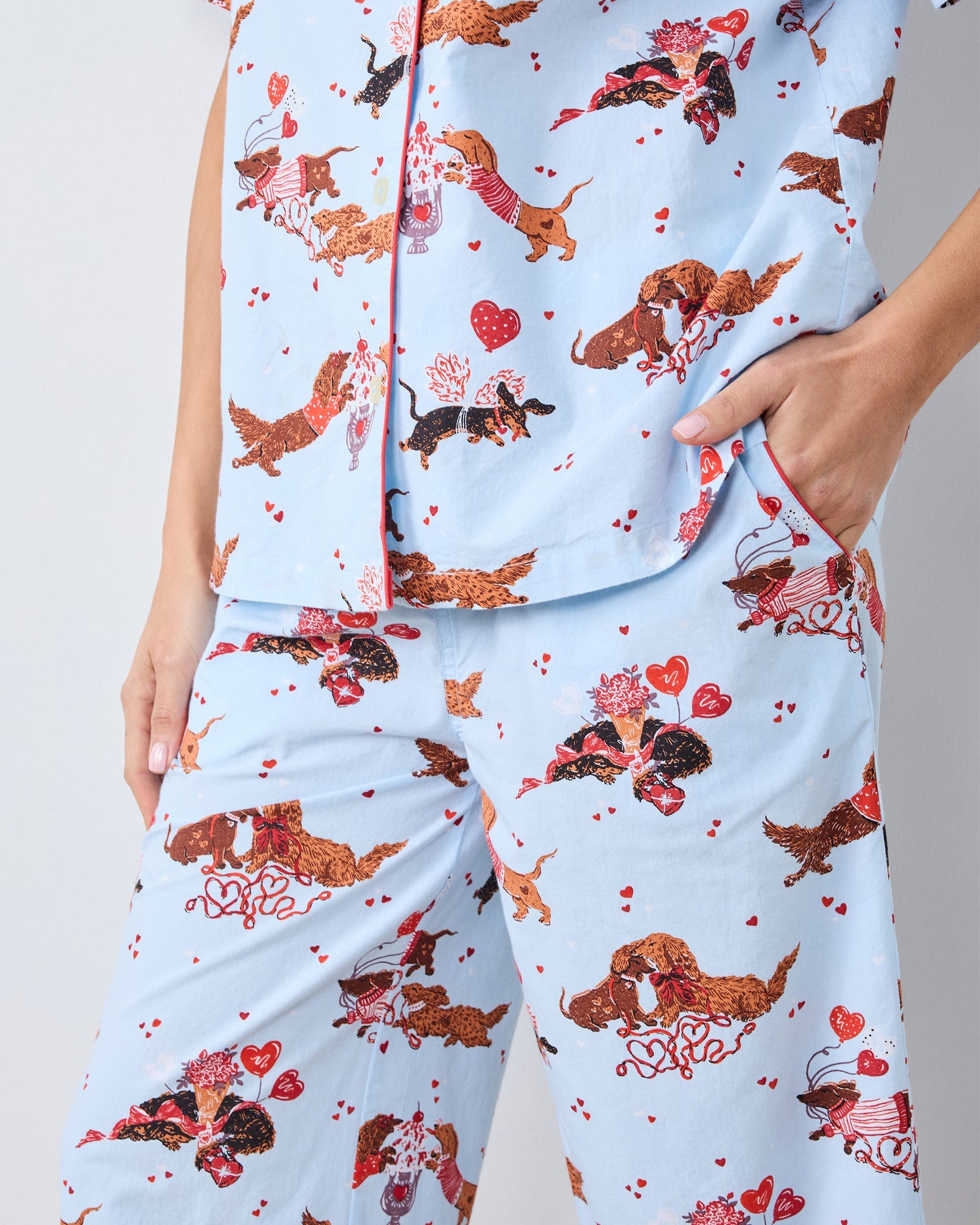 Dachshund Date - Short Sleeve Top & Cropped Pants Set - Pale Blue - Printfresh