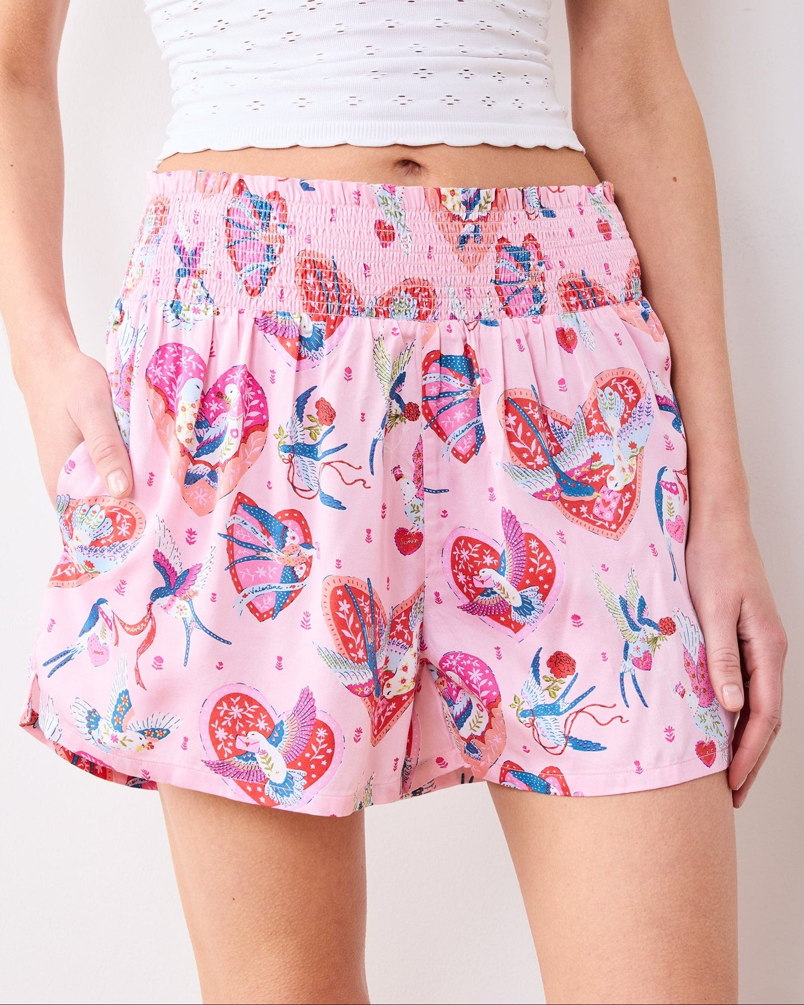 Swooning Sparrows - Eco Satin Chloe Short - Pink Petal - Printfresh