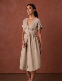 Women | Kalo Gauze Deep V Button Thru Dress | Pumice