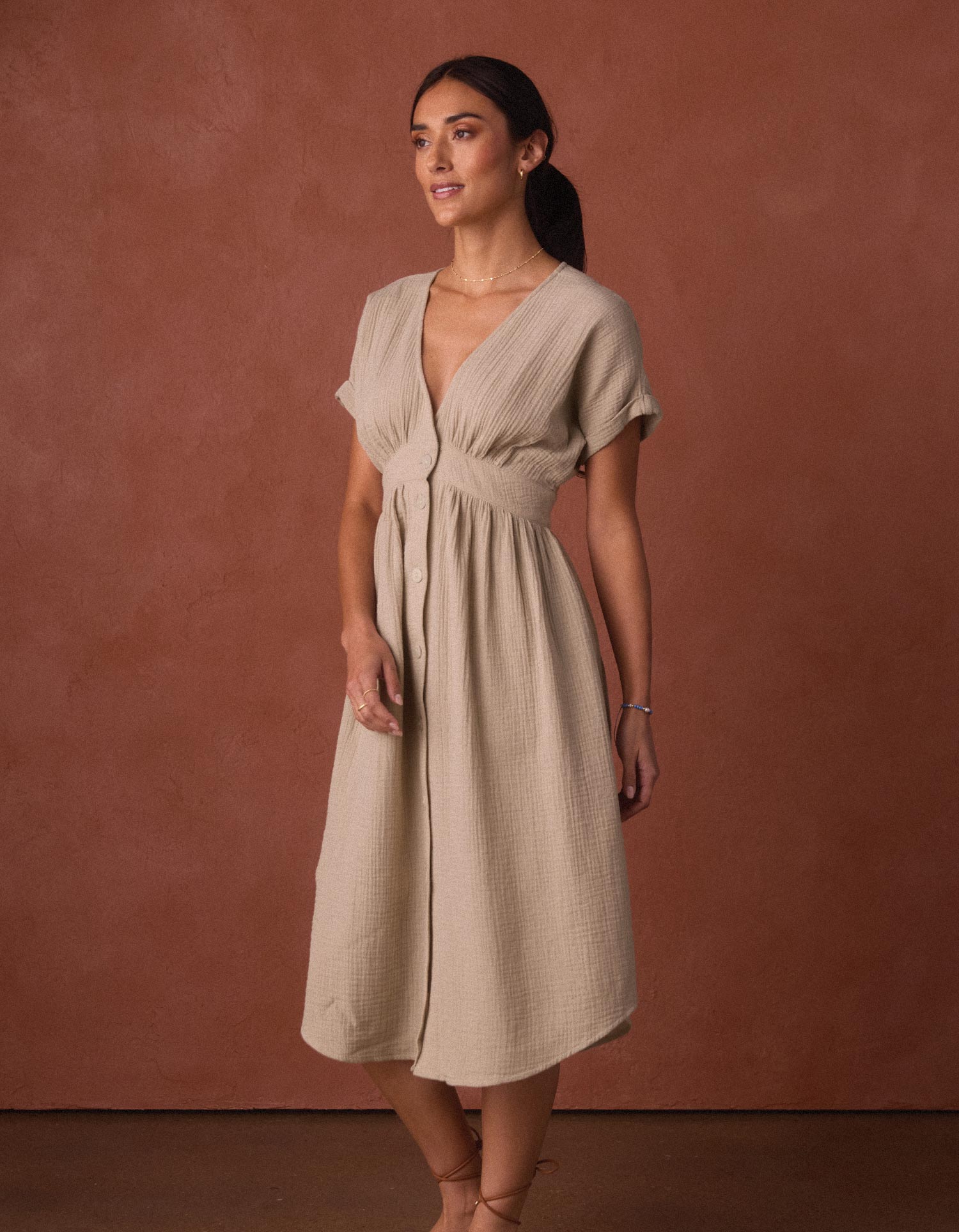 Women | Kalo Gauze Deep V Button Thru Dress | Pumice