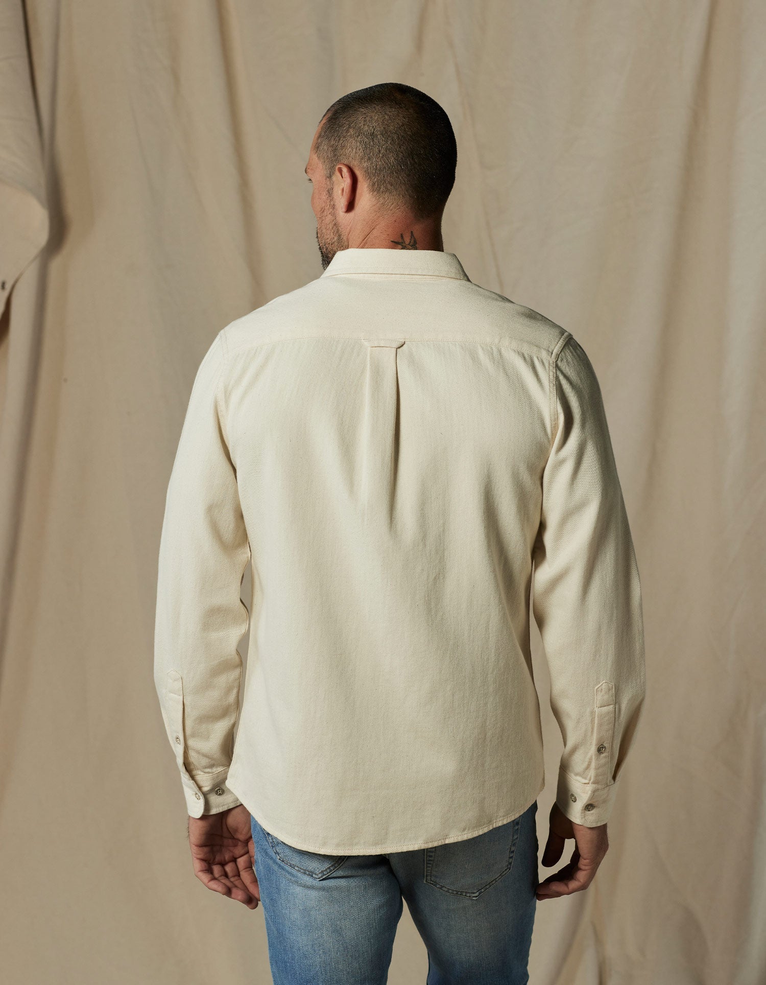 Men | Cotton Denim Long Sleeve Button Up | Ecru
