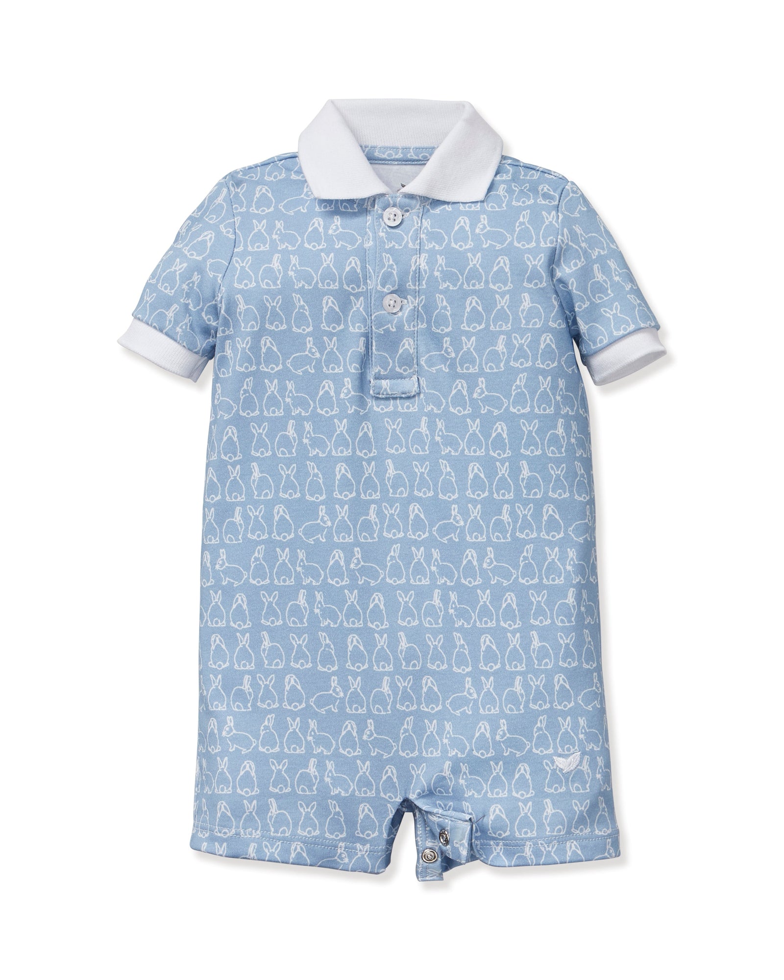 The Baby's Pima Louis Play Romper in Hoppy Days Blue is a light blue short-sleeve romper with a white collar and sleeve cuffs, a white bunny outline pattern, and bottom snaps for easy changing.