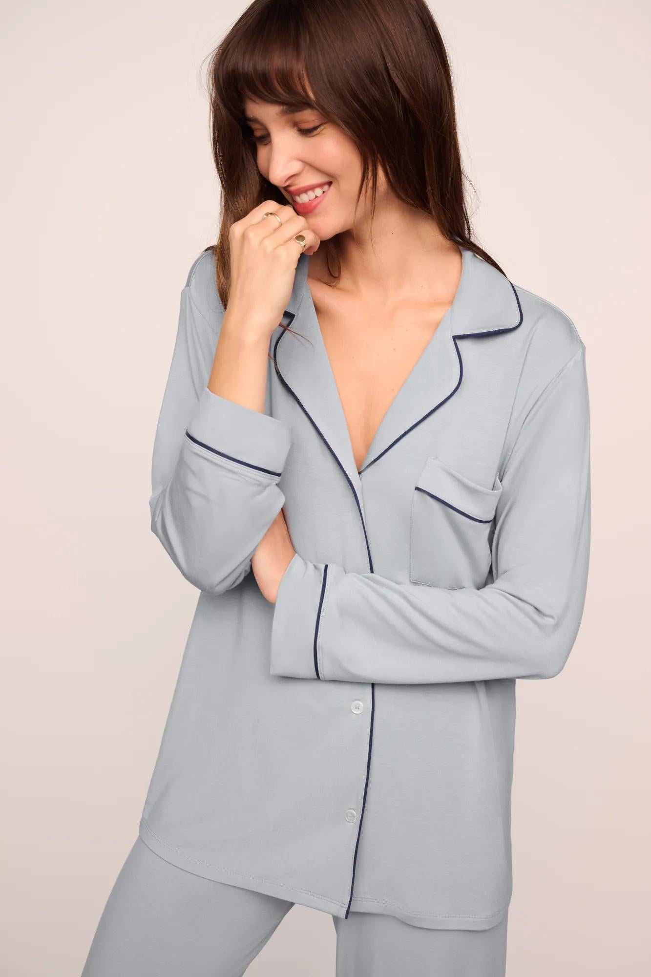 Model is wearing Gisele TENCEL Modal Long PJ Set  in  Gray Dawn/Navy