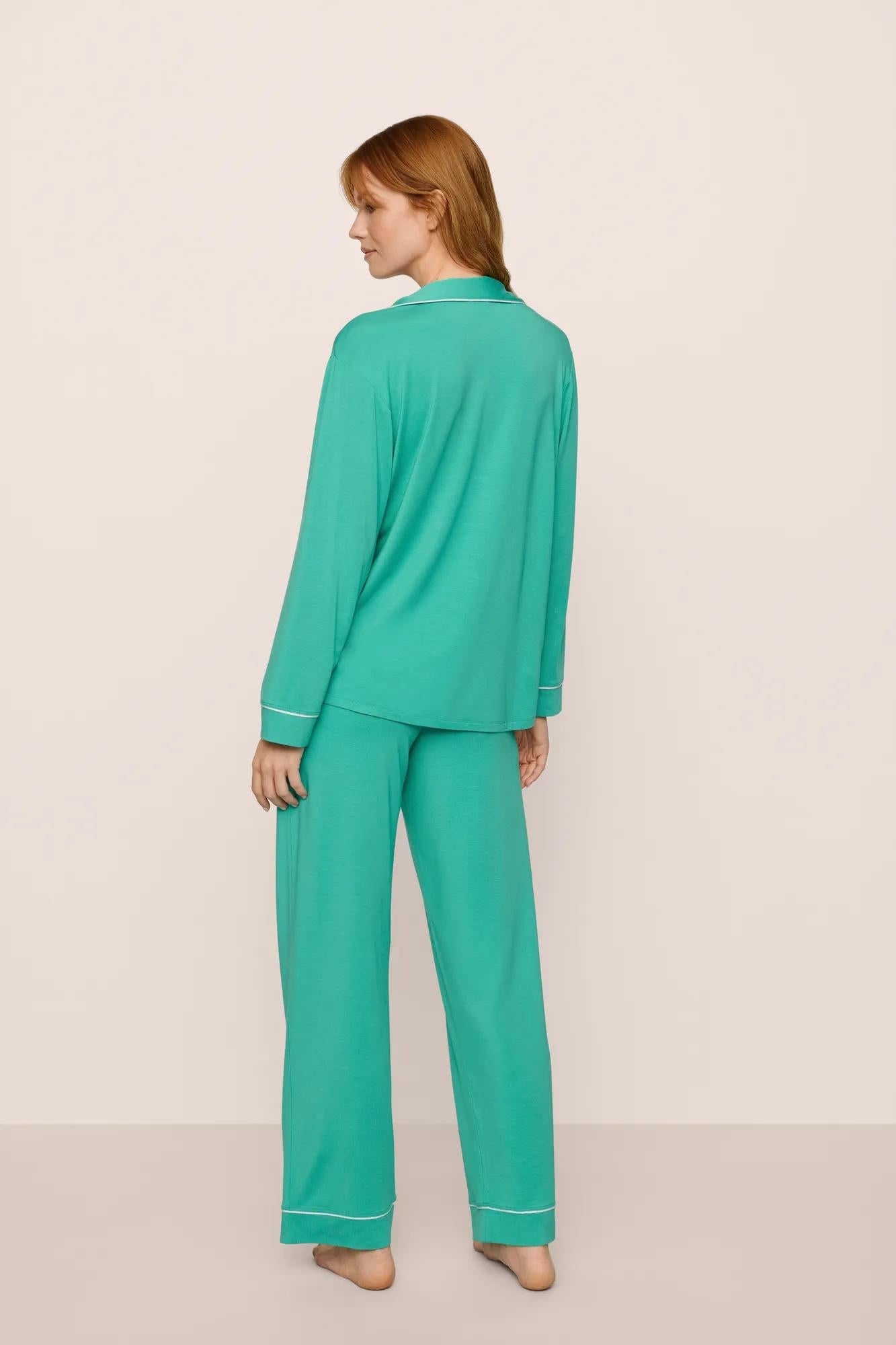 Model is wearing Gisele TENCEL Modal Long PJ Set in  Oasis Green/White