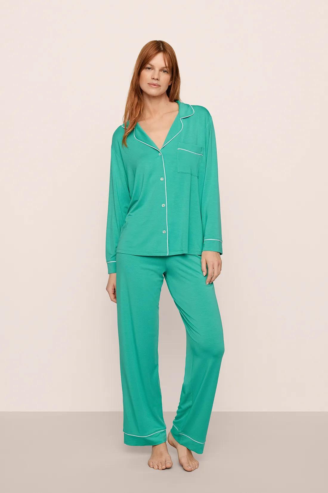 Model is wearing Gisele TENCEL Modal Long PJ Set in  Oasis Green/White