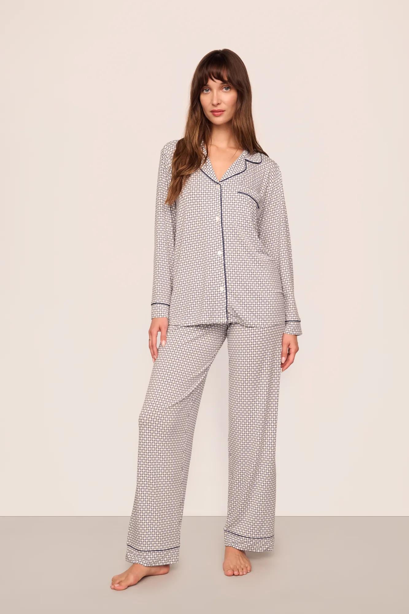 Model is wearing Gisele Printed TENCEL Modal Long PJ Set  in  Geo