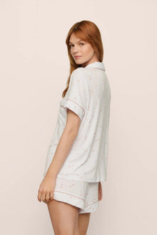 Model is wearing Gisele Printed TENCEL Modal Relaxed Short PJ Set in SummerDaisyWhite/PaleMauve