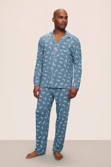 Model is wearing William Printed TENCEL Modal Long PJ Set in  Dalmatian Faded Denim/Ivory