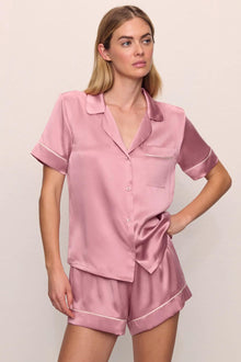Model is wearing Inez Washable Silk Short PJ Set in  Lilas/Ivory