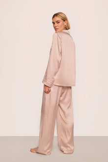 Model is wearing Inez Washable Silk Printed Long PJ Set  in Geo Sphere Silver Pink/Silver Pink
