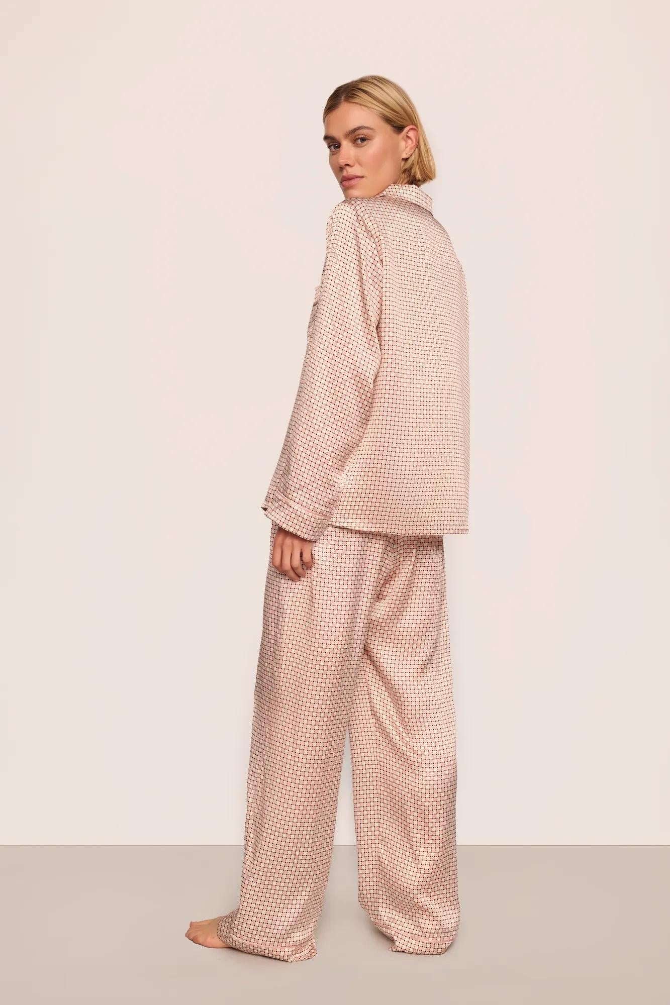 Model is wearing Inez Washable Silk Printed Long PJ Set  in Geo Sphere Silver Pink/Silver Pink
