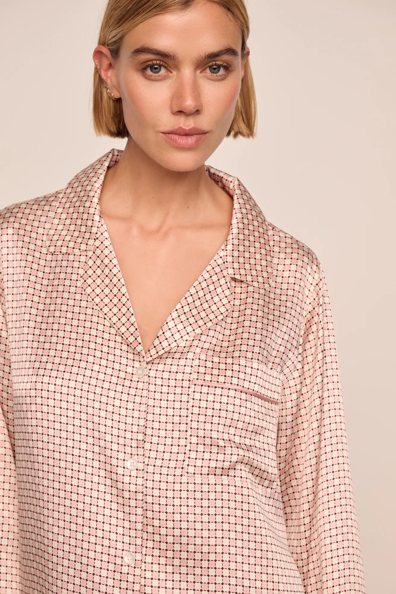 Model is wearing Inez Washable Silk Printed Long PJ Set  in Geo Sphere Silver Pink/Silver Pink