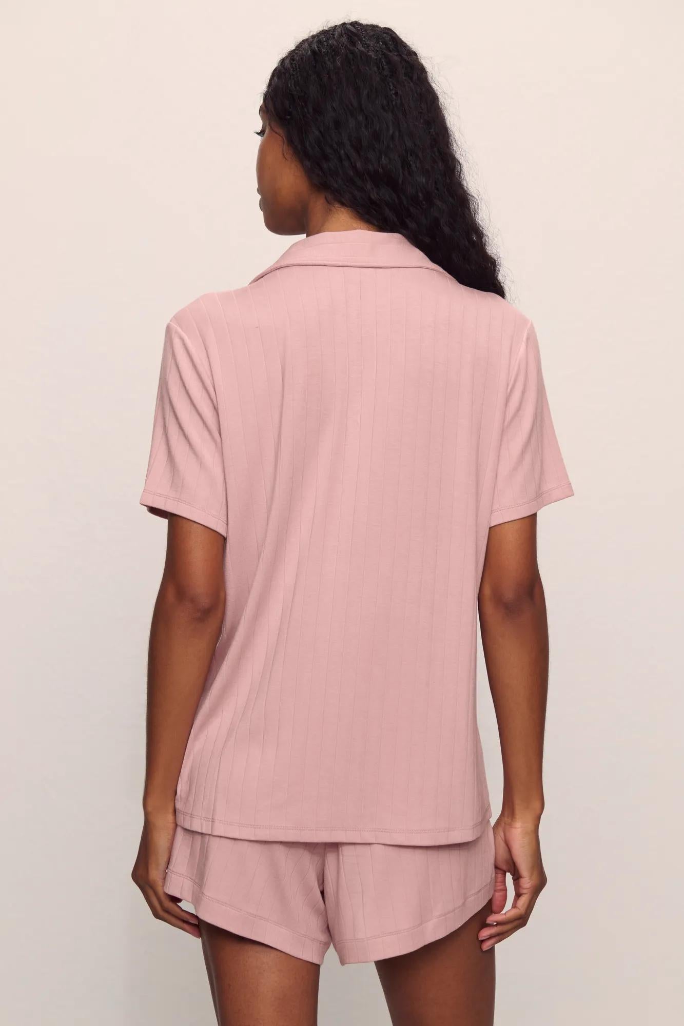 Model is wearing Gisele TENCEL Modal Rib Relaxed Short PJ Set in  Pale Mauve